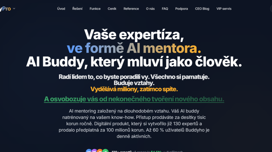 23 - Hero section promoting BuddyPro AI mentor: bold Czech headline about expertize and AI buddy on a dark blue background