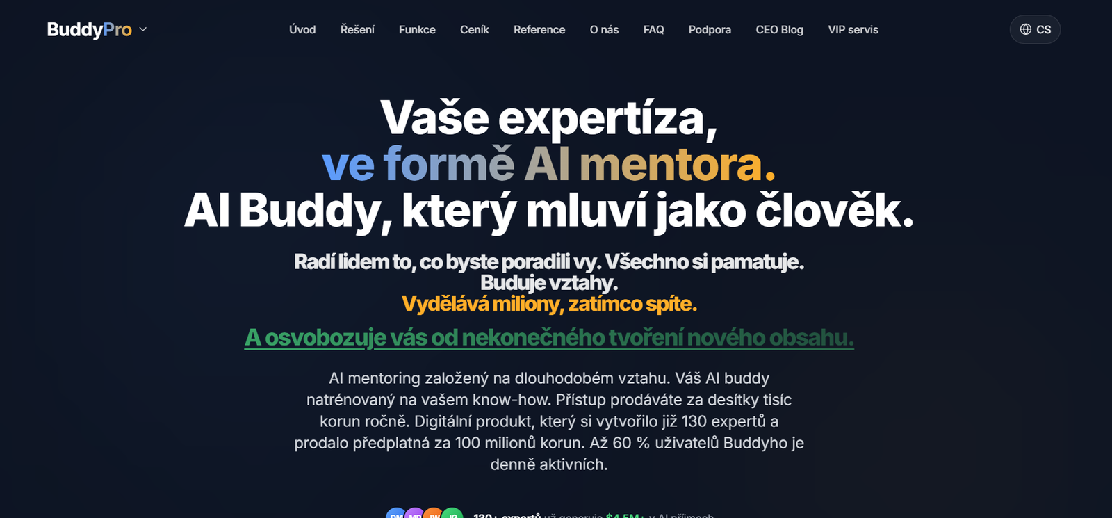 23 - Hero section promoting BuddyPro AI mentor: bold Czech headline about expertize and AI buddy on a dark blue background