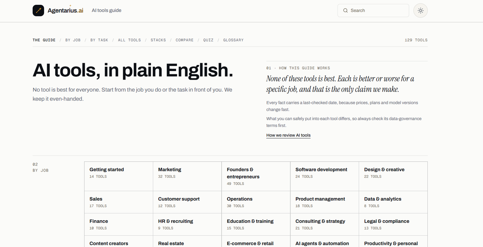 23 - Hero section of AI tools guide: large headline 'AI tools, in plain English' with subtitle and left-aligned content, plus a right-side 'How this guide works' panel and a grid of tool categories below.