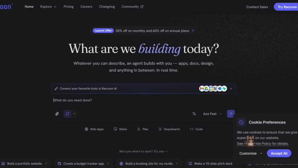 Dark hero section of Raccoon AI site with navigation, Launch Offer badge, and large 'What are we building today?' headline over a dotted background. A search/input panel and cookie banner appear lower-right.