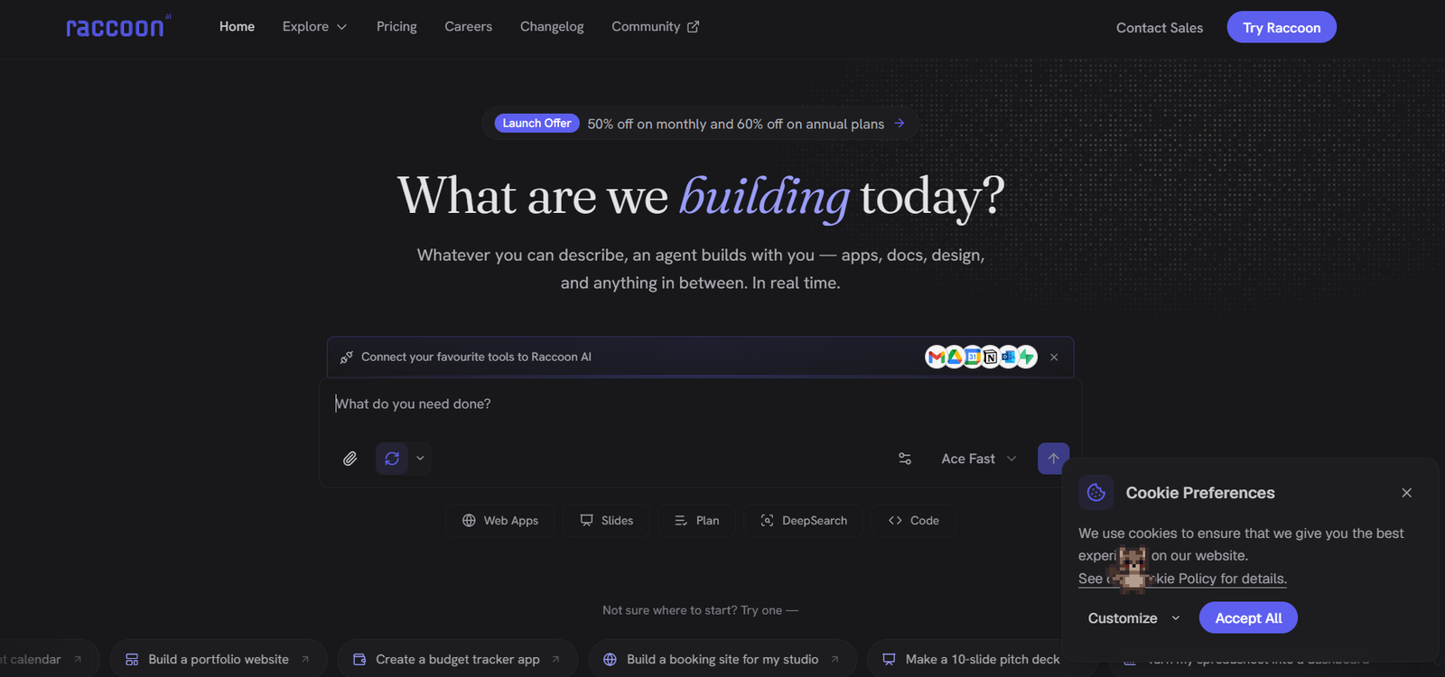 24 - Dark hero section of Raccoon AI site with navigation, Launch Offer badge, and large 'What are we building today?' headline over a dotted background. A search/input panel and cookie banner appear lower-right.