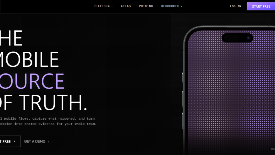 24 - Hero banner: black background with large white text 'THE MOBILE SOURCE OF TRUTH' and a purple-lit smartphone on the right; subtitle about real mobile flows and teams.