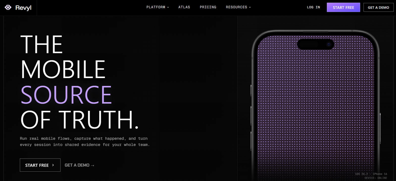 24 - Hero banner: black background with large white text 'THE MOBILE SOURCE OF TRUTH' and a purple-lit smartphone on the right; subtitle about real mobile flows and teams.