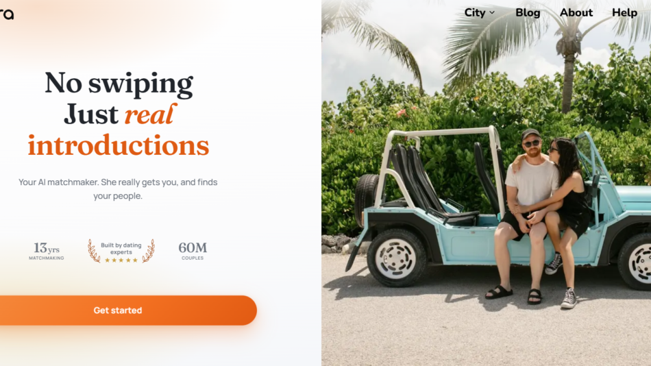 24 - Couple sitting in a light-blue vintage jeep on a tropical street, representing real introductions for a dating site hero image.