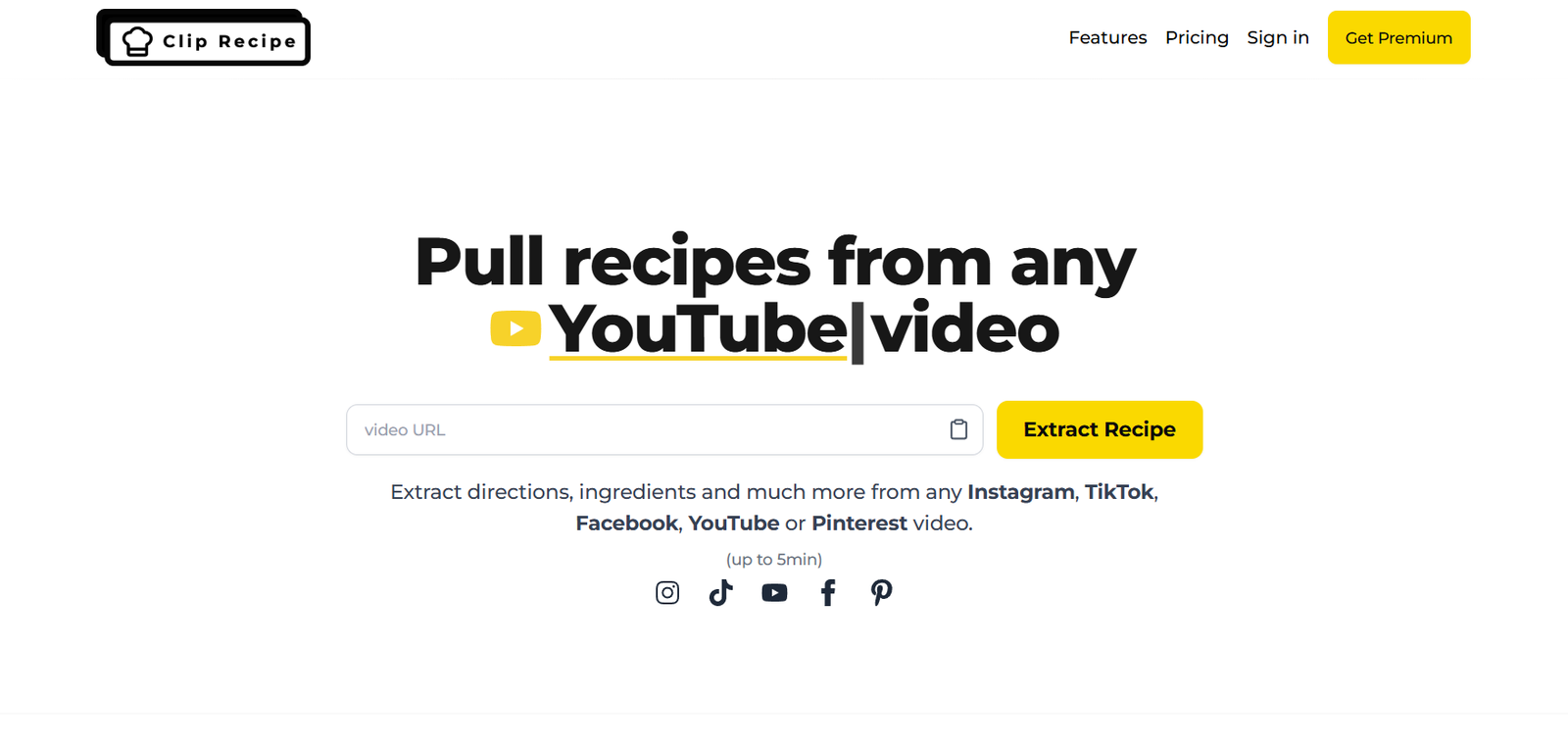 24 - Hero header with Clip Recipe logo and navigation, bold message about pulling recipes from any YouTube video, search field and yellow Extract Recipe button.