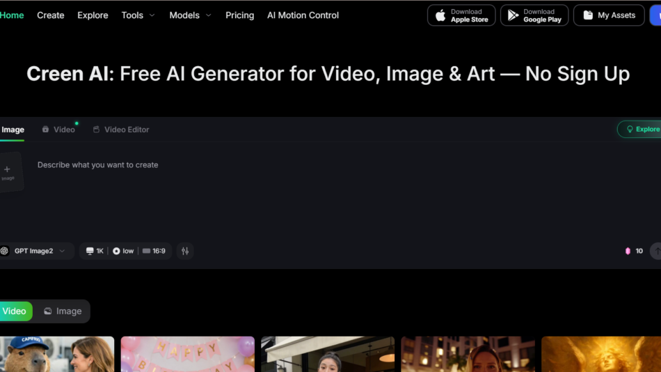 24 - Dark homepage hero with the title 'Creen AI: Free AI Generator for Video, Image & Art — No Sign Up' and a large editor mockup beneath it.