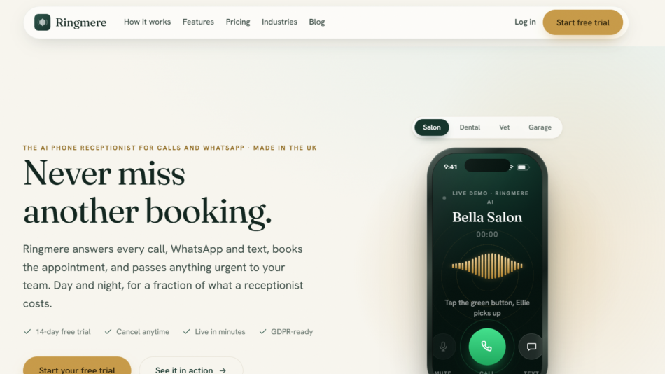 24 - Hero banner for Ringmeme with navigation at top, large 'Never miss another booking' headline on the left and a mobile device mockup on the right.