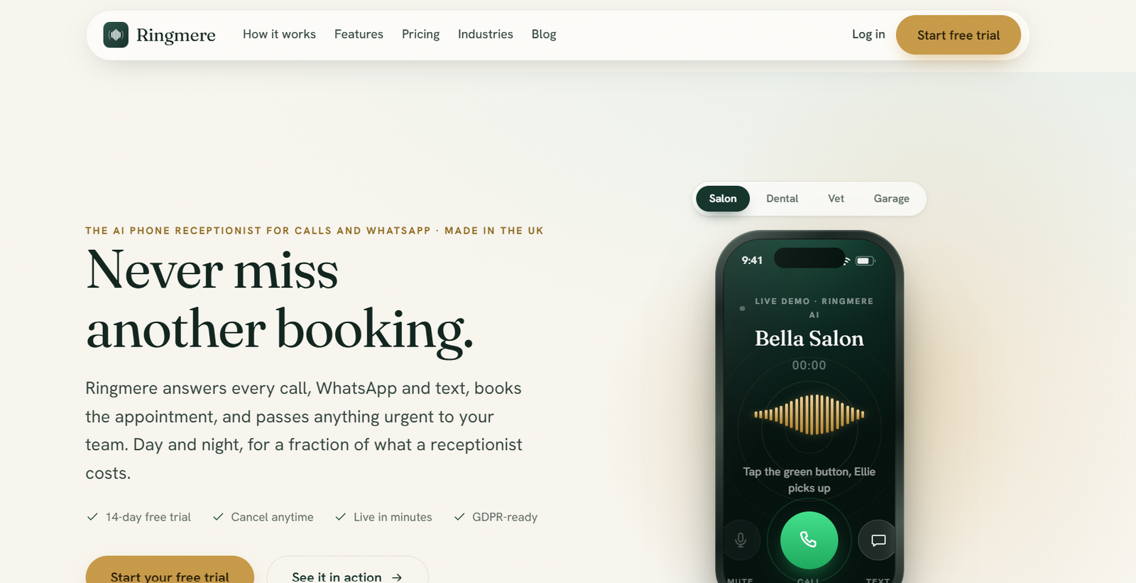 24 - Hero banner for Ringmeme with navigation at top, large 'Never miss another booking' headline on the left and a mobile device mockup on the right.