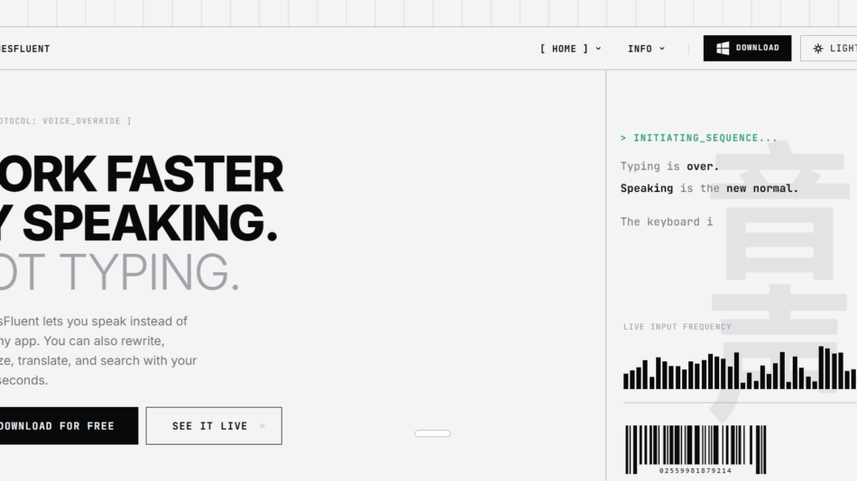 25 - Hero section of MachinesFluent homepage: bold black headline 'WORK FASTER BY SPEAKING. NOT TYPING.' with gray paragraph, two CTAs (Download for Free and See It Live) on a light background; header with logo and nav above.