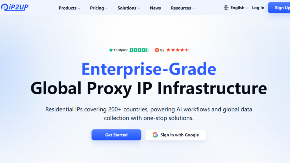 Hero banner with the headline 'Enterprise-Grade Global Proxy IP Infrastructure' and subheading about residential IPs, plus 'Get Started' and 'Sign in with Google' CTAs.