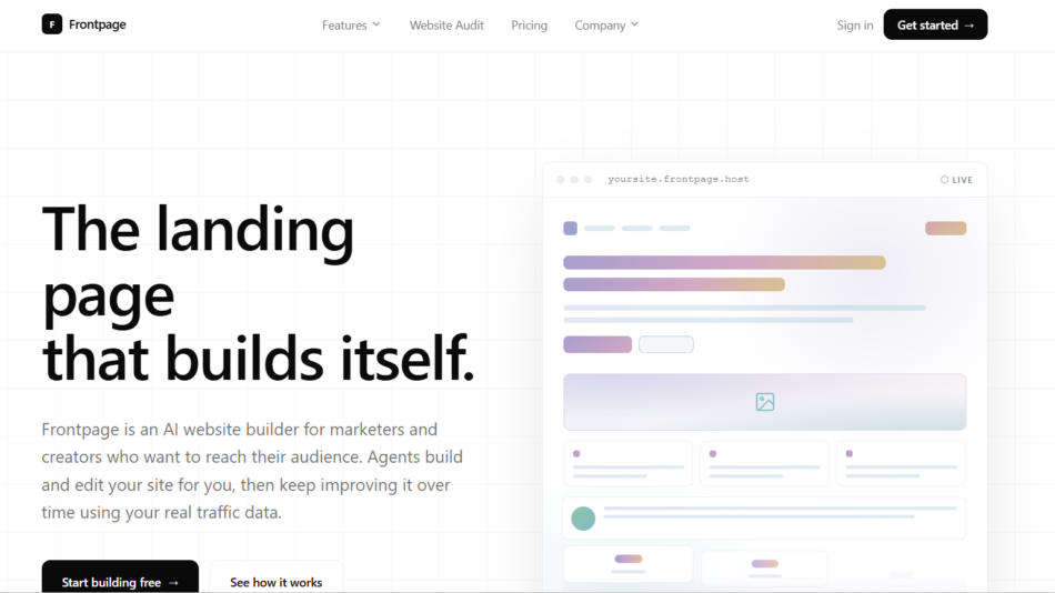 25 - Hero section with bold headline 'The landing page that builds itself' and description on the left; two call-to-action buttons, with a pastel UI mockup panel on the right.