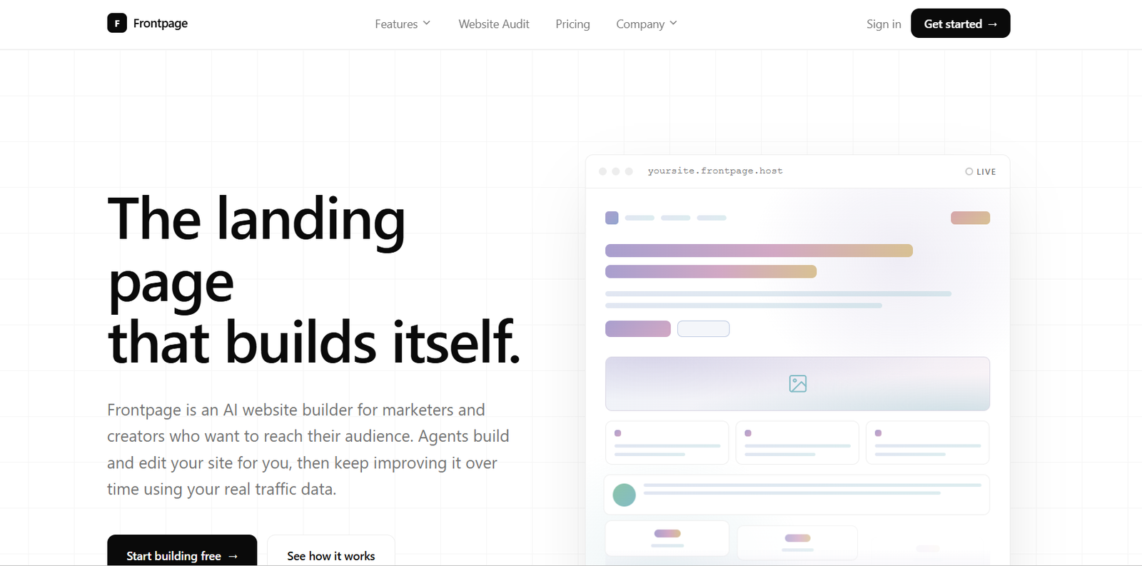 25 - Hero section with bold headline 'The landing page that builds itself' and description on the left; two call-to-action buttons, with a pastel UI mockup panel on the right.