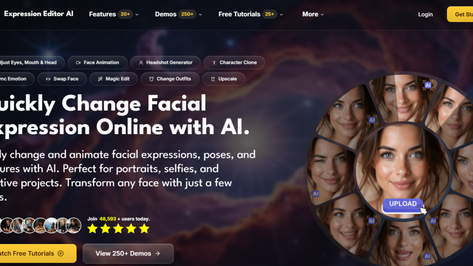 Hero banner with bold white headline about AI facial editing; circular collage of women's faces on the right, dark space background.
