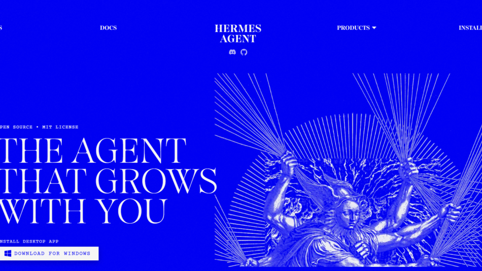 25 - Blue website hero with Hermes Agent logo at center and the bold headline 'THE AGENT THAT GROWS WITH YOU' beside a radiating line-drawn illustration.