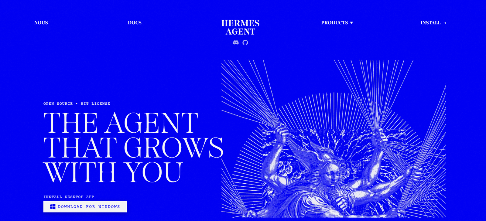 25 - Blue website hero with Hermes Agent logo at center and the bold headline 'THE AGENT THAT GROWS WITH YOU' beside a radiating line-drawn illustration.