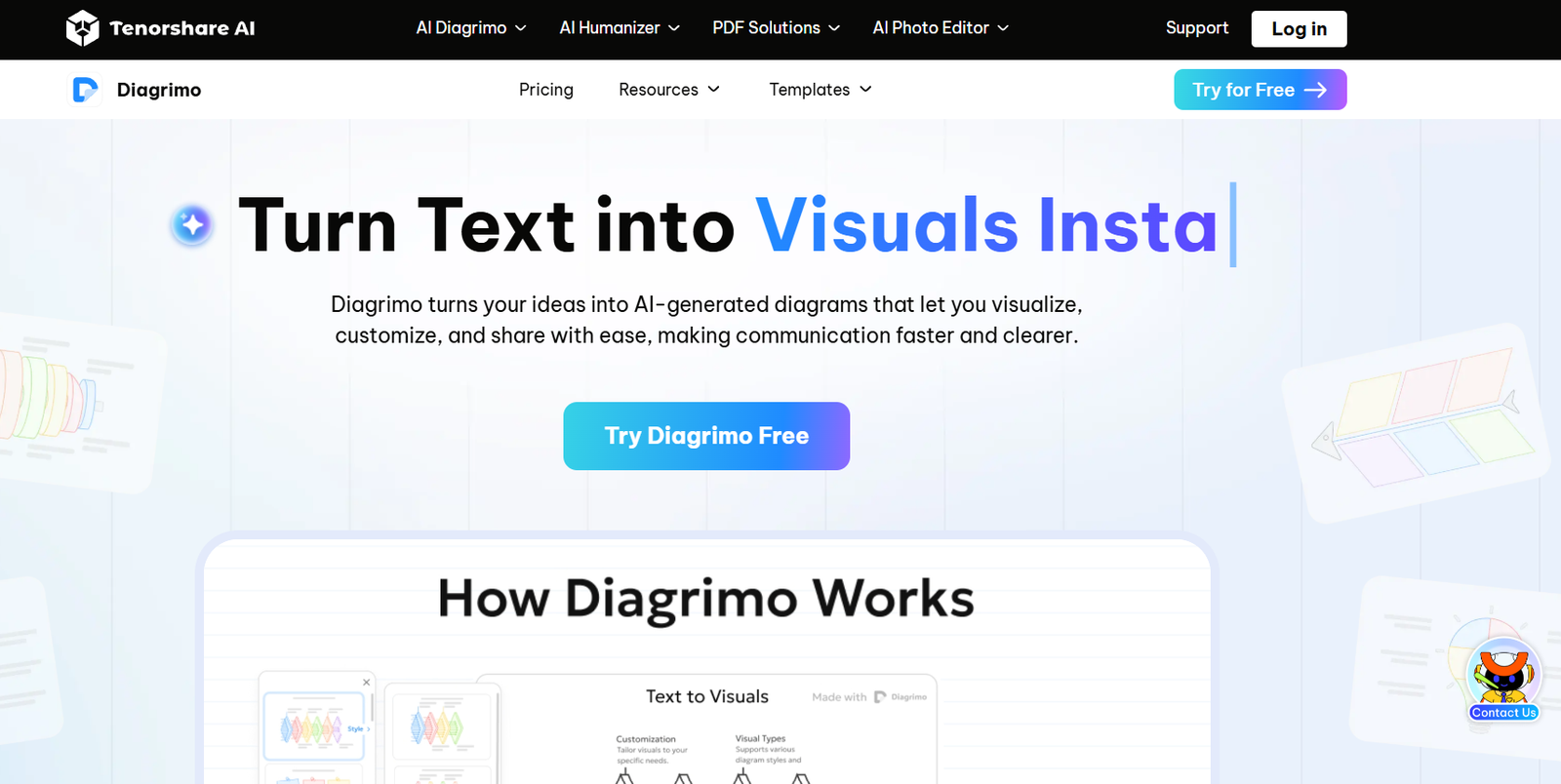 25 - Hero section advertising Diagram's AI tool: 'Turn Text into Visuals Instantly' with subheading and a blue gradient 'Try Diagram Free' button.