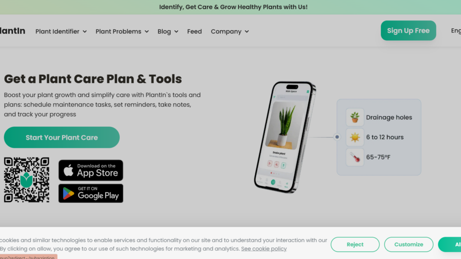 25 - Hero banner for PlantIn: headline 'Get a Plant Care Plan & Tools', descriptive text, green rounded 'Start Your Plant Care' button, a QR code with app store badges, and a tilted smartphone showing the app UI.