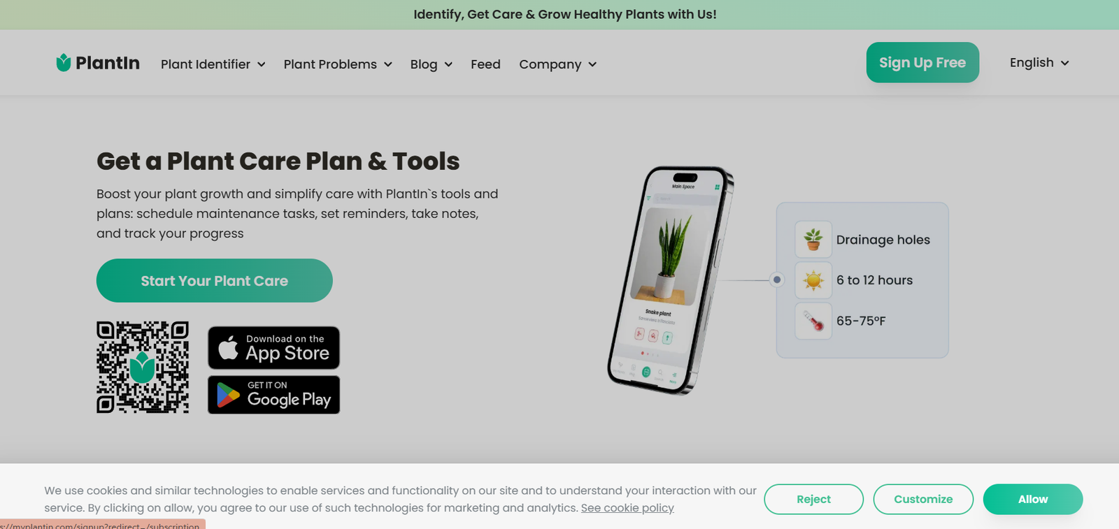 25 - Hero banner for PlantIn: headline 'Get a Plant Care Plan & Tools', descriptive text, green rounded 'Start Your Plant Care' button, a QR code with app store badges, and a tilted smartphone showing the app UI.