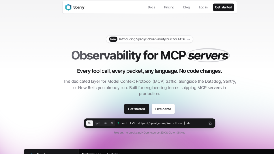 26 - Hero section for Spanly: Observability for MCP servers with bold headline, subheading, and primary CTAs (Get started / Live demo) on a light gradient background.