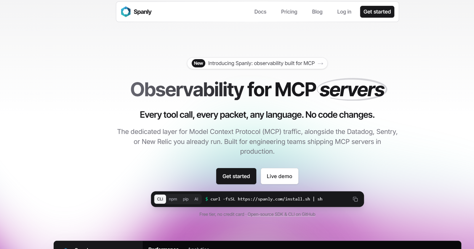 26 - Hero section for Spanly: Observability for MCP servers with bold headline, subheading, and primary CTAs (Get started / Live demo) on a light gradient background.