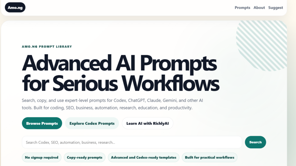 26 - Hero banner for Amo.ng Prompt Library with bold headline 'Advanced AI Prompts for Serious Workflows' and navigation bar at top, light gradient background.