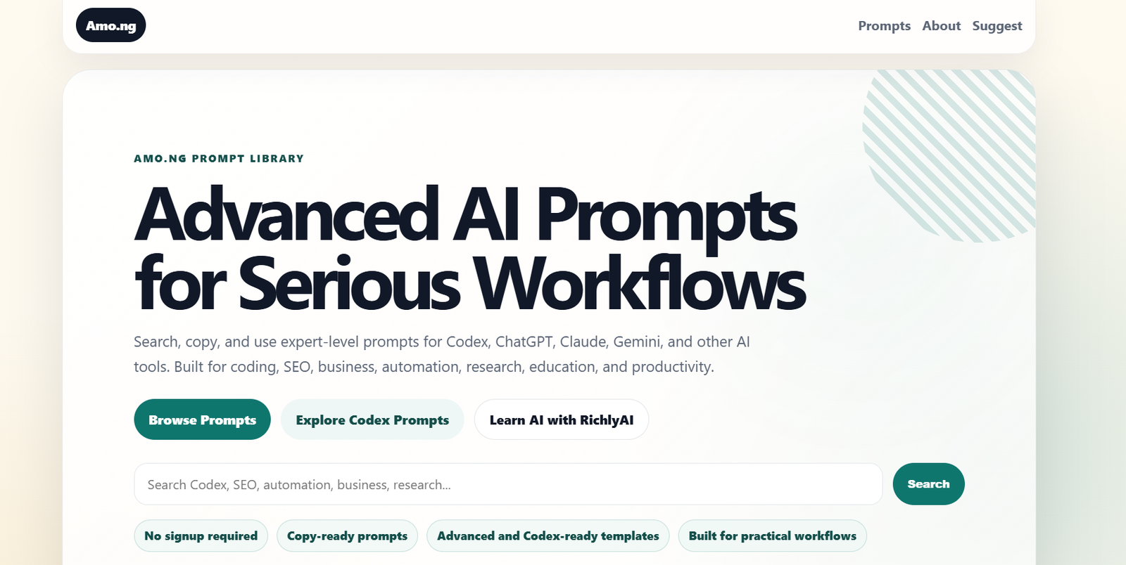 26 - Hero banner for Amo.ng Prompt Library with bold headline 'Advanced AI Prompts for Serious Workflows' and navigation bar at top, light gradient background.