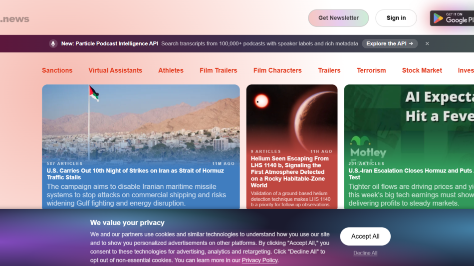 26 - Particle.news homepage layout with a left 'Popular' vertical menu, top navigation links, and three large article cards in a peach-blue-green color scheme.