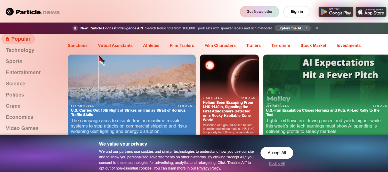 26 - Particle.news homepage layout with a left 'Popular' vertical menu, top navigation links, and three large article cards in a peach-blue-green color scheme.