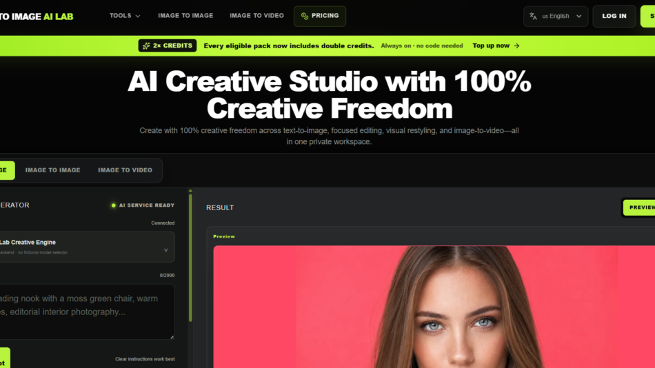 Dark UI screenshot of an AI image tool with a bold white header 'AI Creative Studio with 100% Creative Freedom' and lime green accents highlighting menu items and prompts.