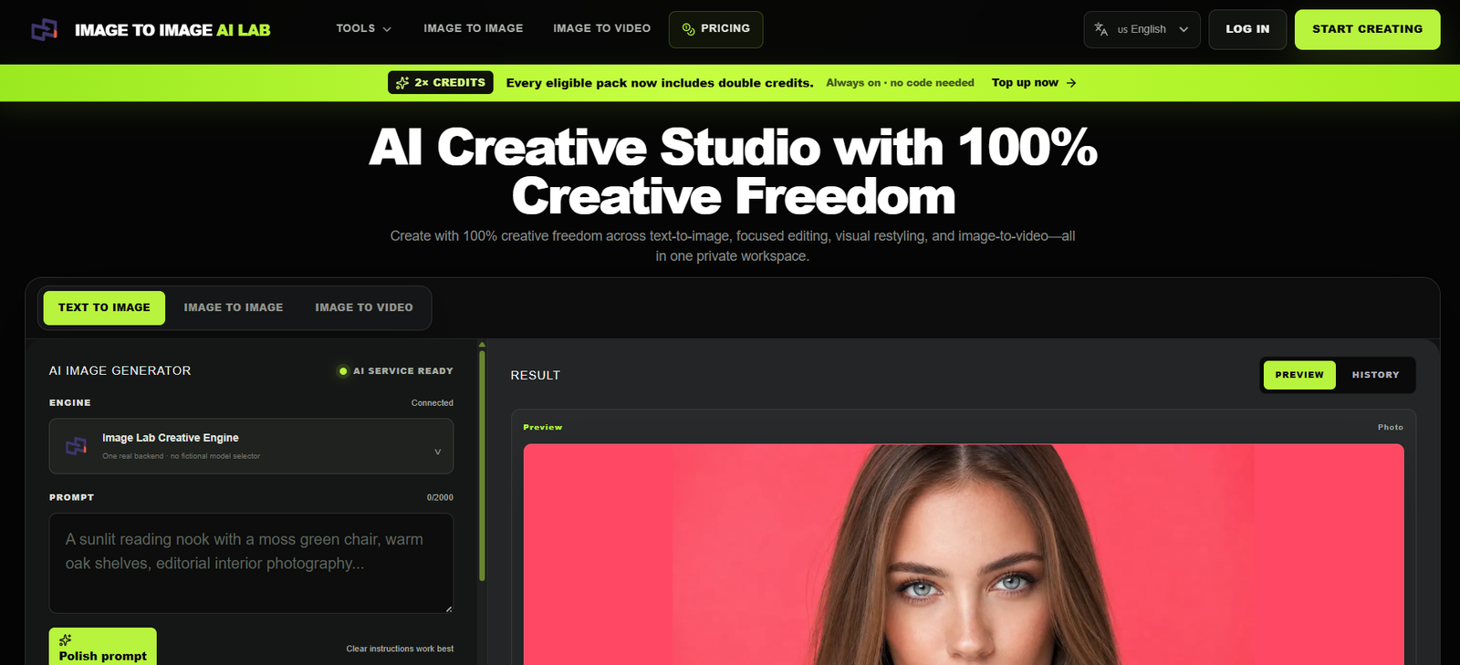 26 - Dark UI screenshot of an AI image tool with a bold white header 'AI Creative Studio with 100% Creative Freedom' and lime green accents highlighting menu items and prompts.