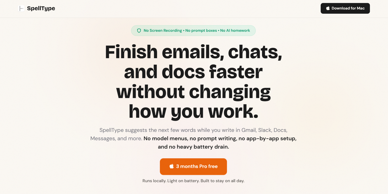 26 - SpellType hero: bold headline about finishing emails and docs faster, with a green info badge and orange '3 months Pro free' button.