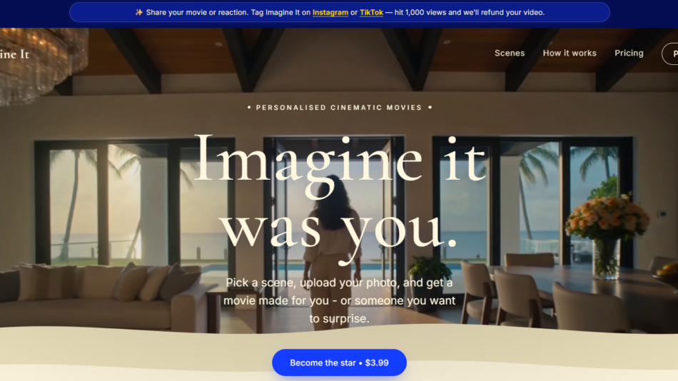27 - Modern waterfront living room with large windows and an ocean view; a person stands facing away as the text 'Imagine it was you' appears over the scene.