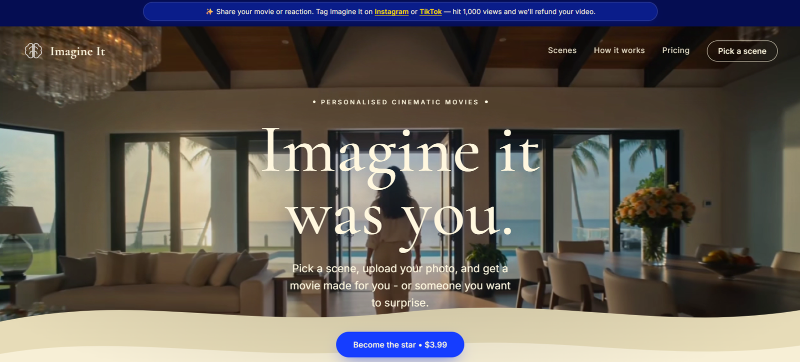 27 - Modern waterfront living room with large windows and an ocean view; a person stands facing away as the text 'Imagine it was you' appears over the scene.