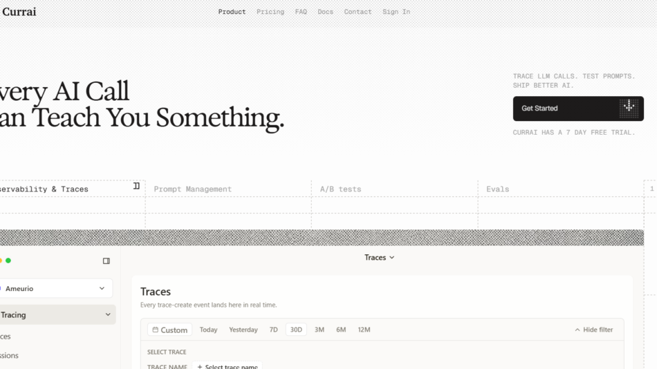 Currai homepage hero with the large headline 'Every AI Call Can Teach You Something' and a right-side 'Get Started' CTA.
