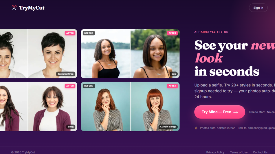 Collage of six rounded cards showing before-and-after hair transformations on a dark purple gradient background, with TryMyCut branding on the left and a right panel teaser about seeing a new look.