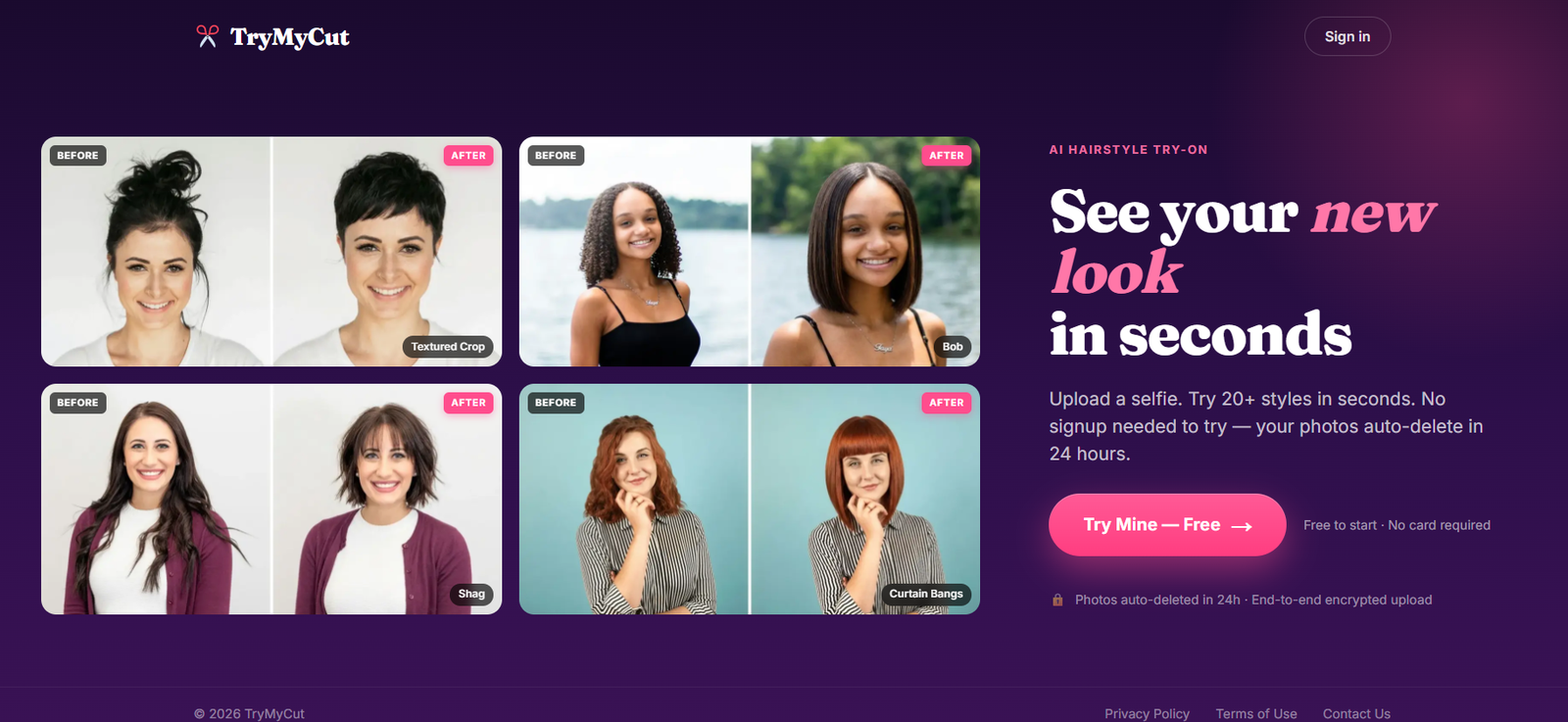 27 - Collage of six rounded cards showing before-and-after hair transformations on a dark purple gradient background, with TryMyCut branding on the left and a right panel teaser about seeing a new look.