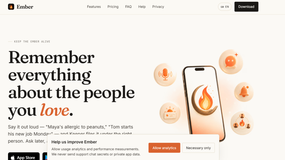 Hero banner for Ember with large bold headline 'Remember everything about the people you love' beside a smartphone displaying a flame logo and floating circular icons around it, on a light background.