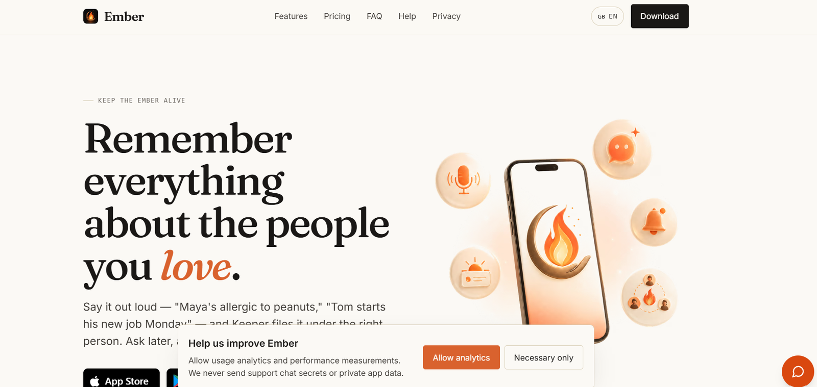 27 - Hero banner for Ember with large bold headline 'Remember everything about the people you love' beside a smartphone displaying a flame logo and floating circular icons around it, on a light background.