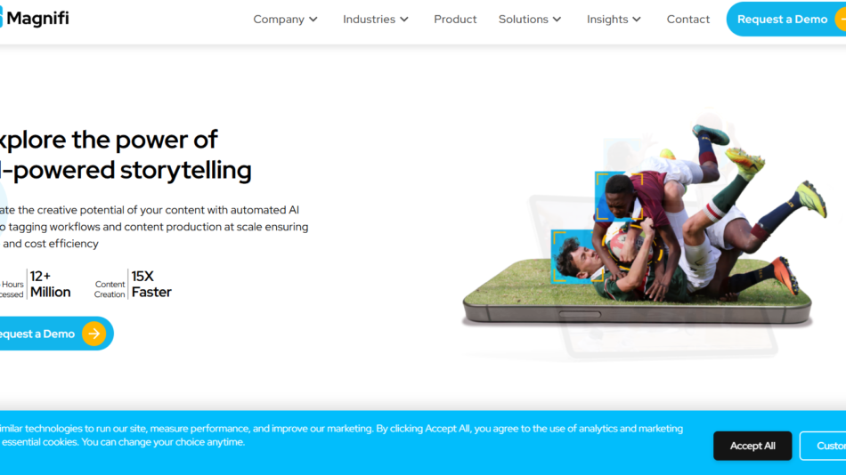 27 - Hero banner promoting AI-powered storytelling with athletes leaping from a smartphone; includes a 'Request a Demo' CTA.