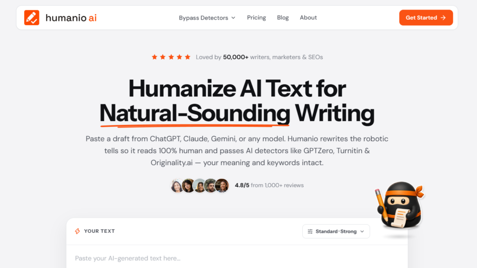 Hero banner: 'Humanize AI Text for Natural-Sounding Writing' with orange underline and a ninja mascot on the right.