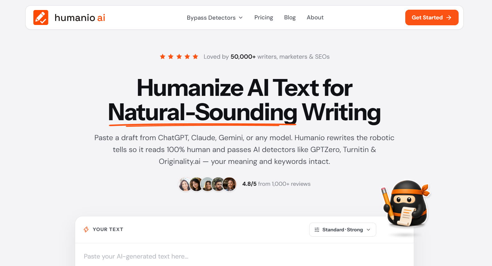 27 - Hero banner: 'Humanize AI Text for Natural-Sounding Writing' with orange underline and a ninja mascot on the right.