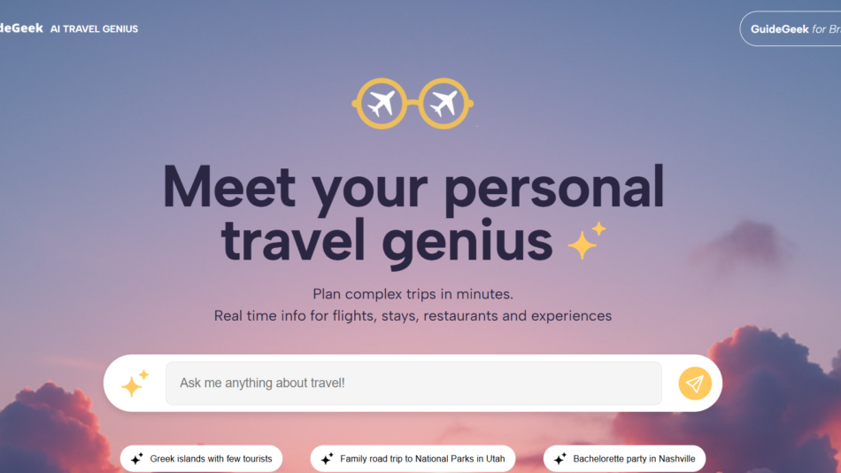 27 - GuideGeek hero banner with gradient sky, logo top-left, two yellow glasses icons, and the headline 'Meet your personal travel genius' over a sunset backdrop.