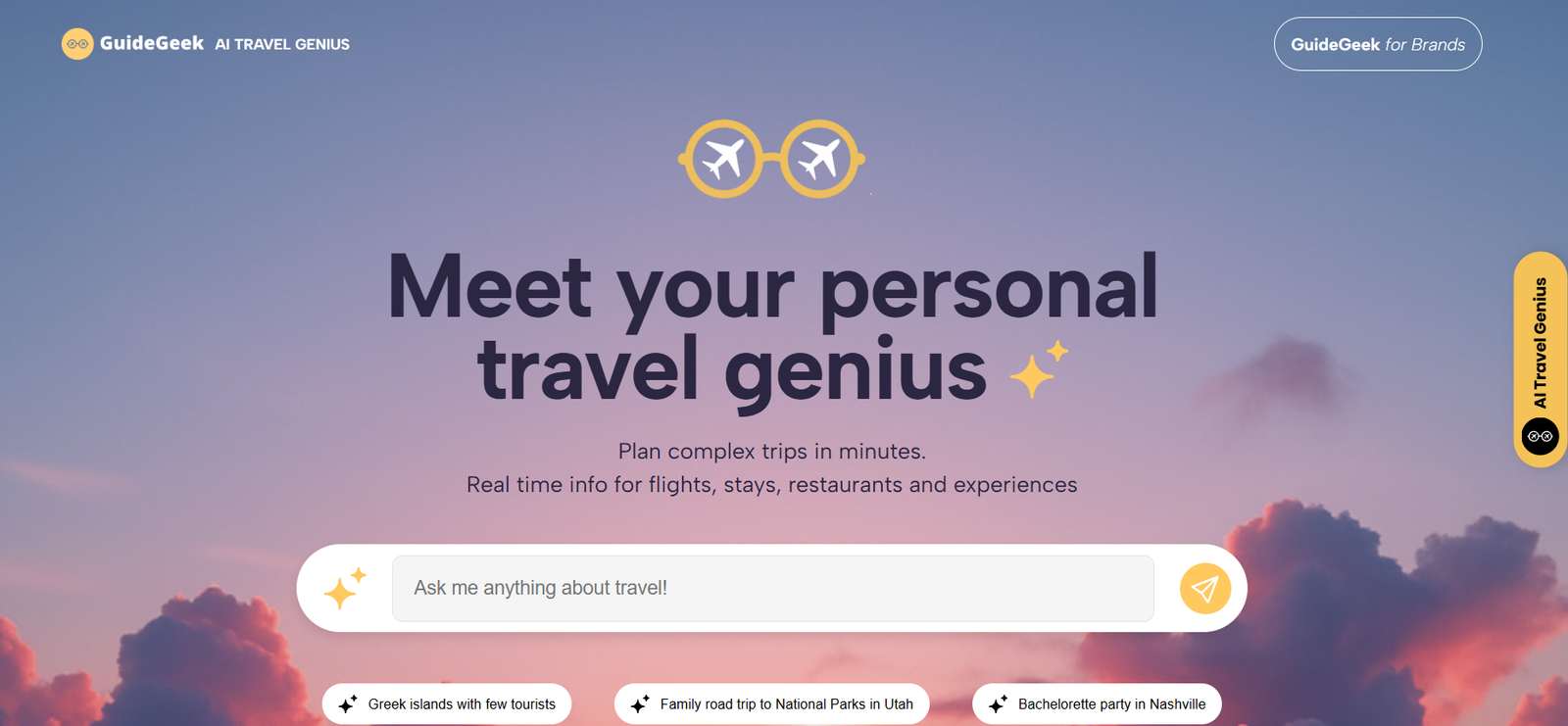 27 - GuideGeek hero banner with gradient sky, logo top-left, two yellow glasses icons, and the headline 'Meet your personal travel genius' over a sunset backdrop.