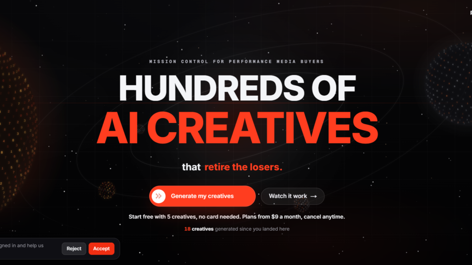 Hero banner with dark space background and bold white 'HUNDREDS OF' over red 'AI CREATIVES' and two CTAs: 'Generate my creatives' and 'Watch it work'.
