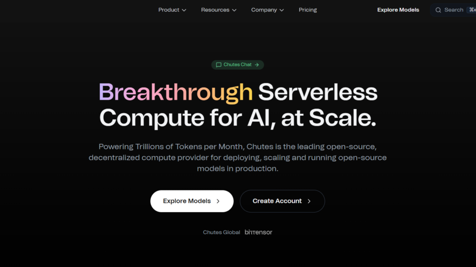 Hero banner with the headline 'Breakthrough Serverless Compute for AI, at Scale' on a dark gradient background and two call-to-action buttons: 'Explore Models' and 'Create Account'.