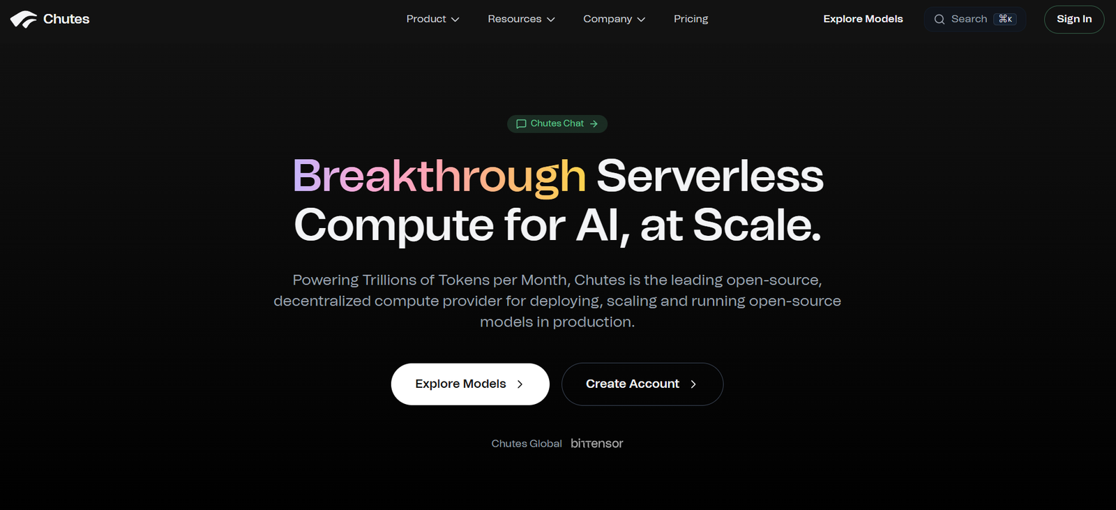 28 - Hero banner with the headline 'Breakthrough Serverless Compute for AI, at Scale' on a dark gradient background and two call-to-action buttons: 'Explore Models' and 'Create Account'.
