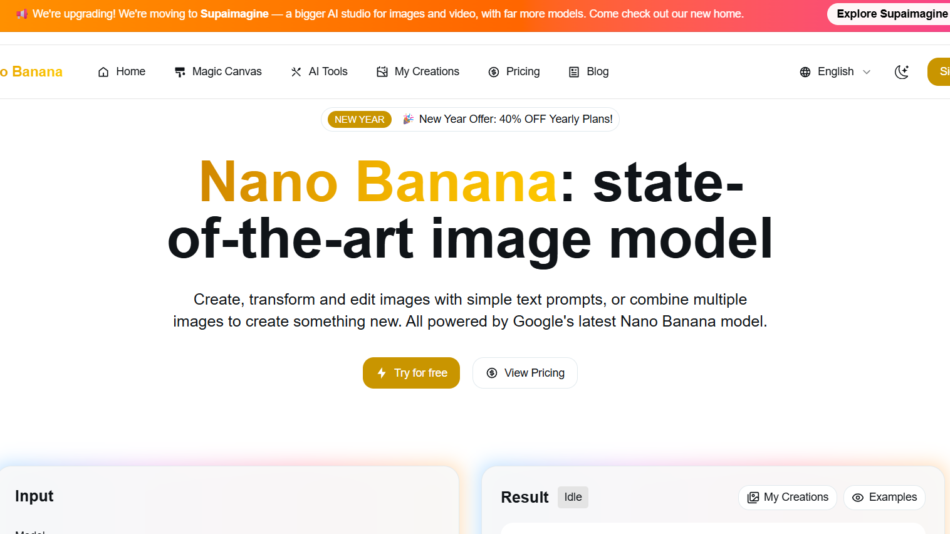 Hero section announcing Nano Banana: state-of-the-art image model with subtitle about creating and editing images online.