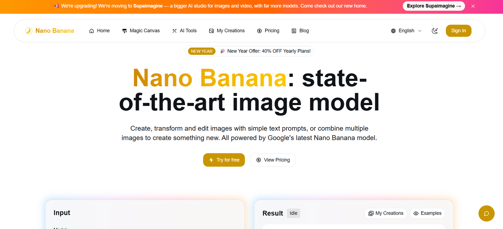 28 - Hero section announcing Nano Banana: state-of-the-art image model with subtitle about creating and editing images online.