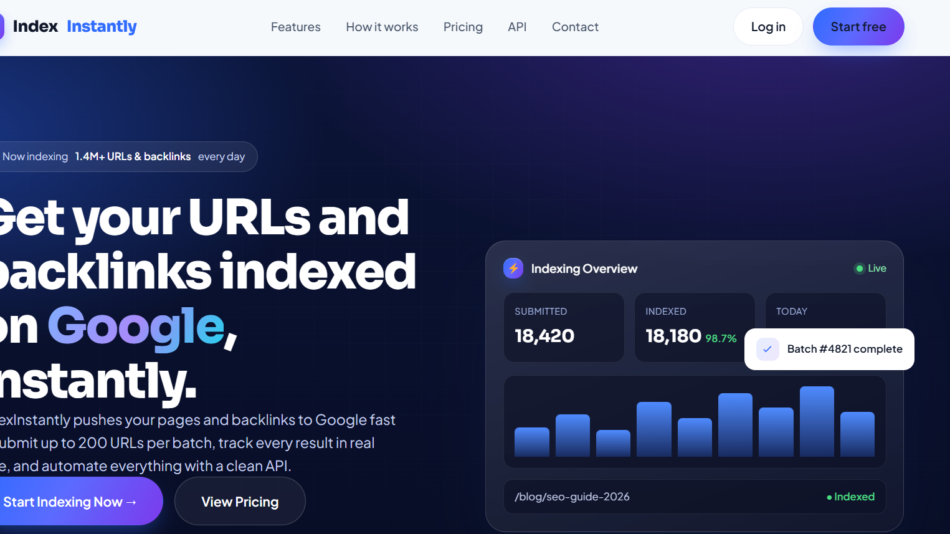 Hero section of a dark blue gradient landing page: bold headline about indexing URLs and backlinks on Google, navigation bar with logo and buttons, and a floating analytics card on the right showing 'Indexing Overview' stats and a 'Batch #4821 complete' toast.