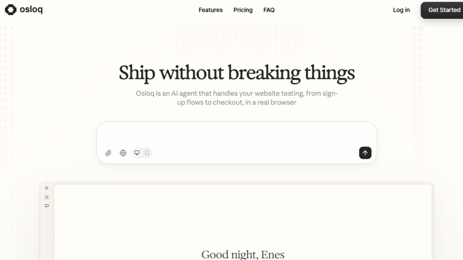 29 - Osloq homepage hero with the headline 'Ship without breaking things' and navigation links at the top.